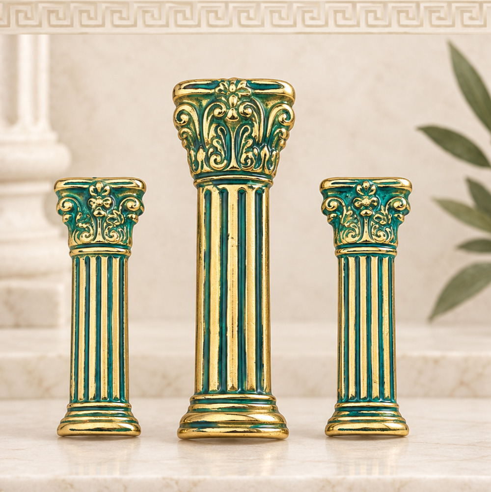 Vintage Gold Tone Corinthian Column Brooch Clip Earrings Set Green Enamel MCM Re